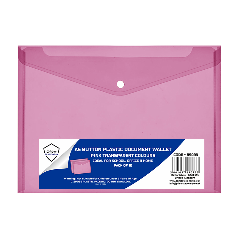 Prime A5 Stud Wallet Transparent Pink Pack of 10